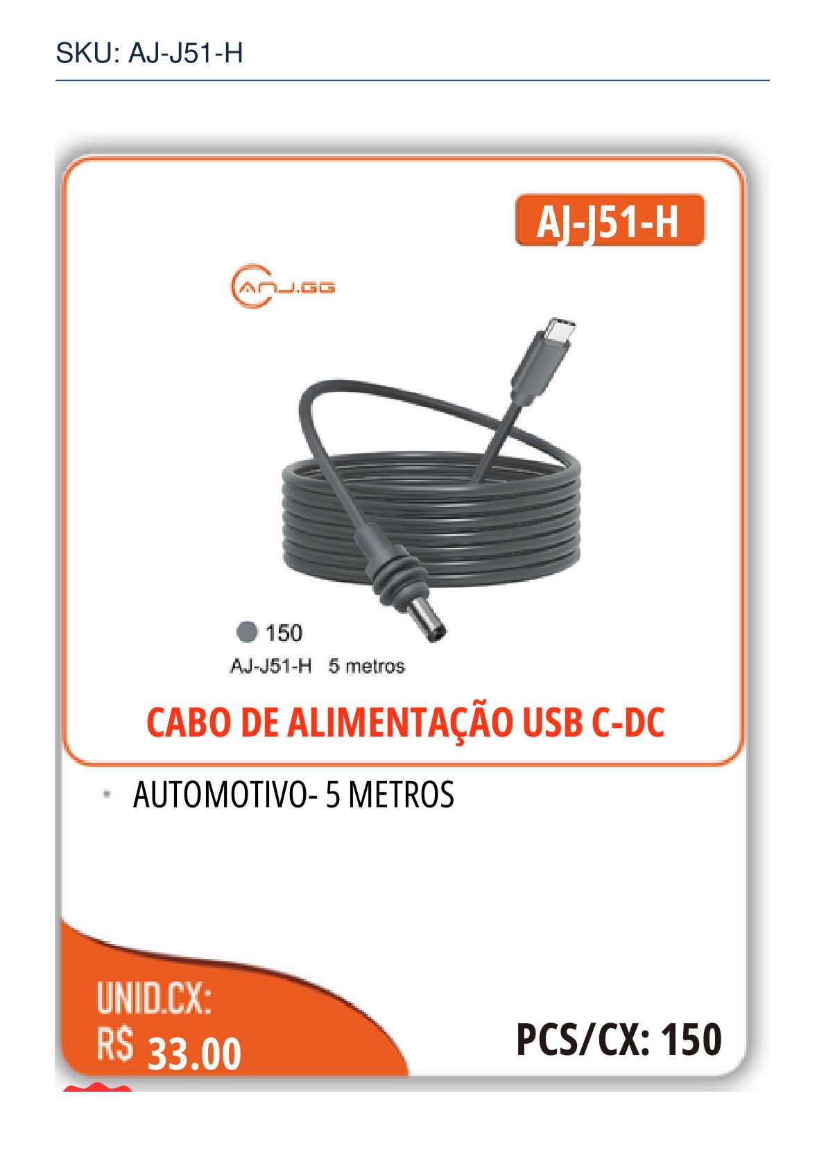 CABO DE ALIMENTAÇÃO USB C-DC
