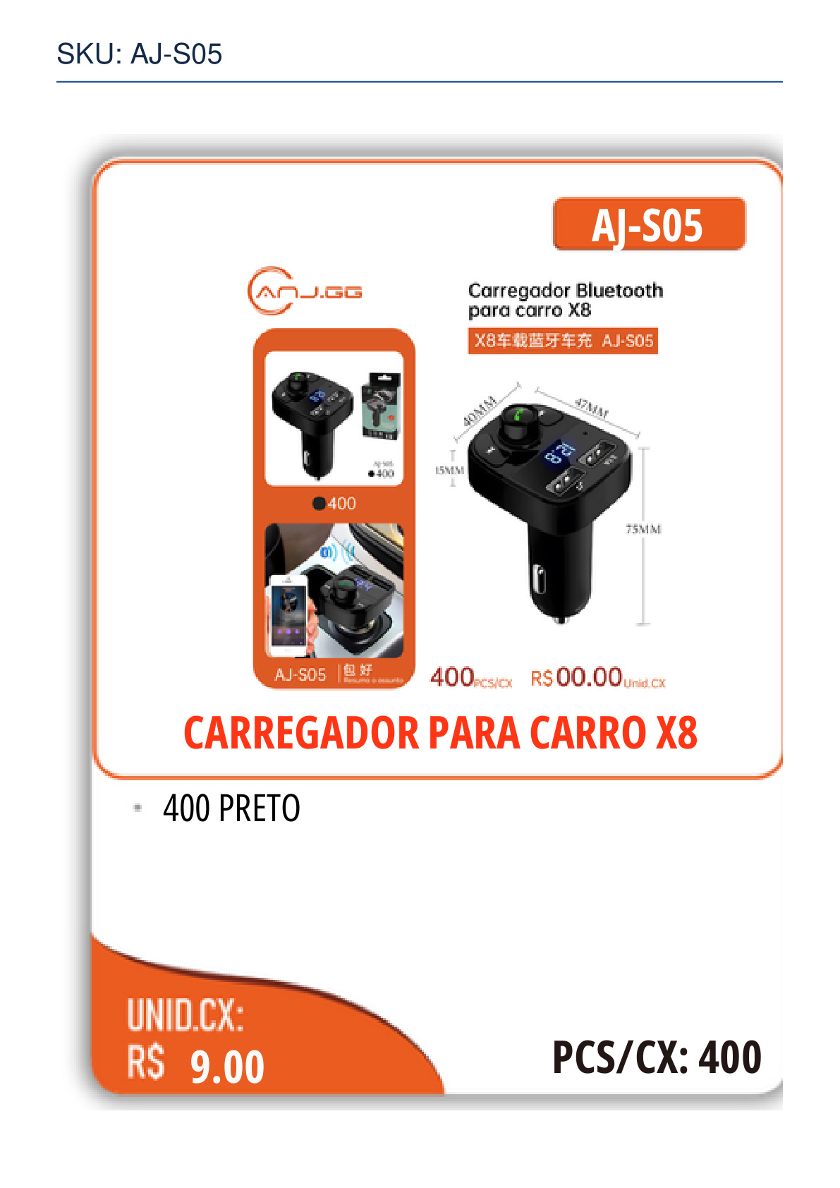 CARREGADOR PARA CARRO X8