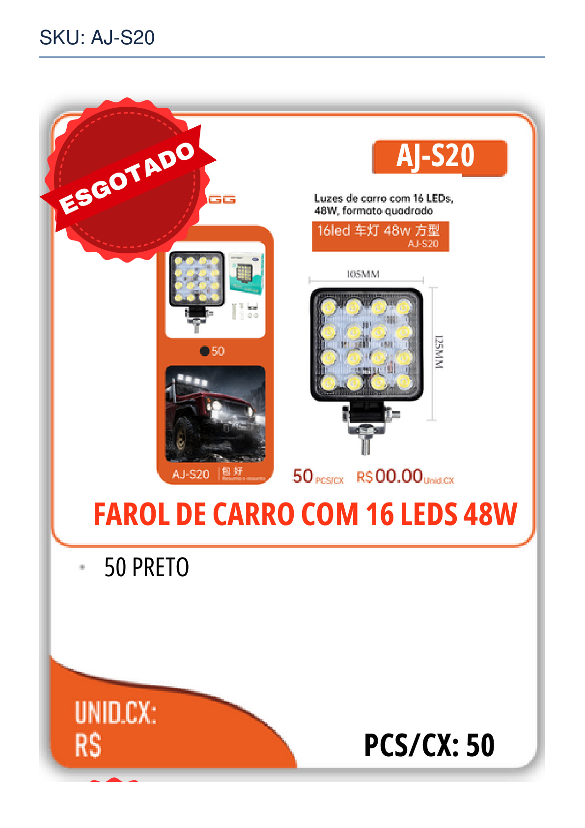 FAROL DE CARRO COM 16 LEDS 48W