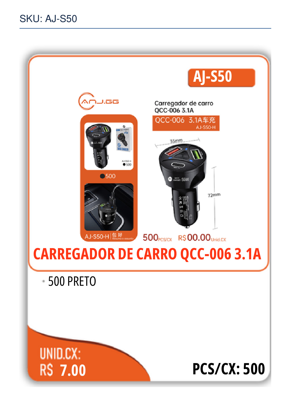 CARREGADOR DE CARRO QCC-006 3.1A